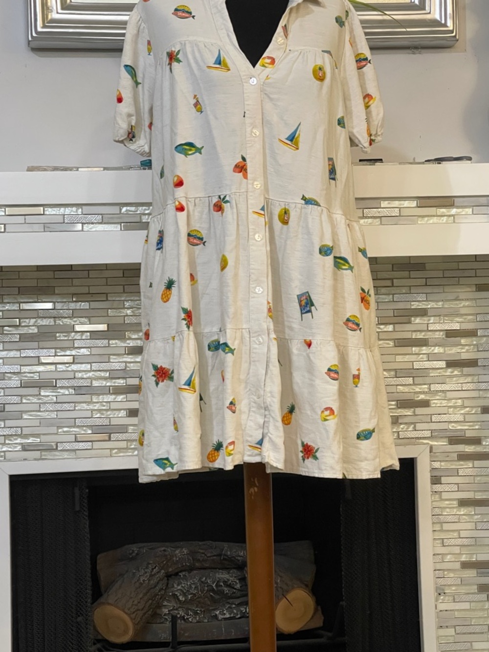 NWOT Jane and Delancey button front Tiered tropical linen blend Dress L - Picture 2 of 9